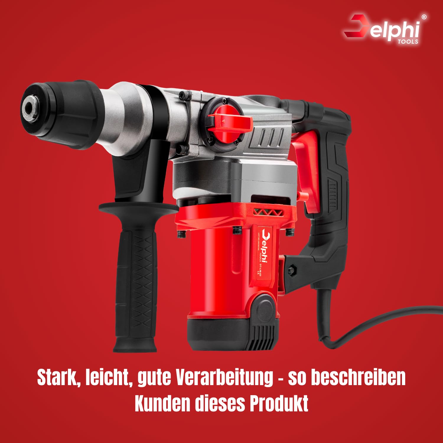 Delphi Martello Demolitore SDS Plus 2200W, Trapano a Percussione 3 Funzioni, 4J Energia d’Impatto, con Custodia, Punta e Scalpello, Cavo da 2,8m, Set di Accessori