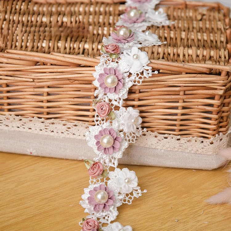 HASTHIP® 1 Yard Elegant Vintage Style Apricot Polyester Lace Flower Pearl Beads Ribbon Trim in 5.5 cm Width for Decorations-image-45