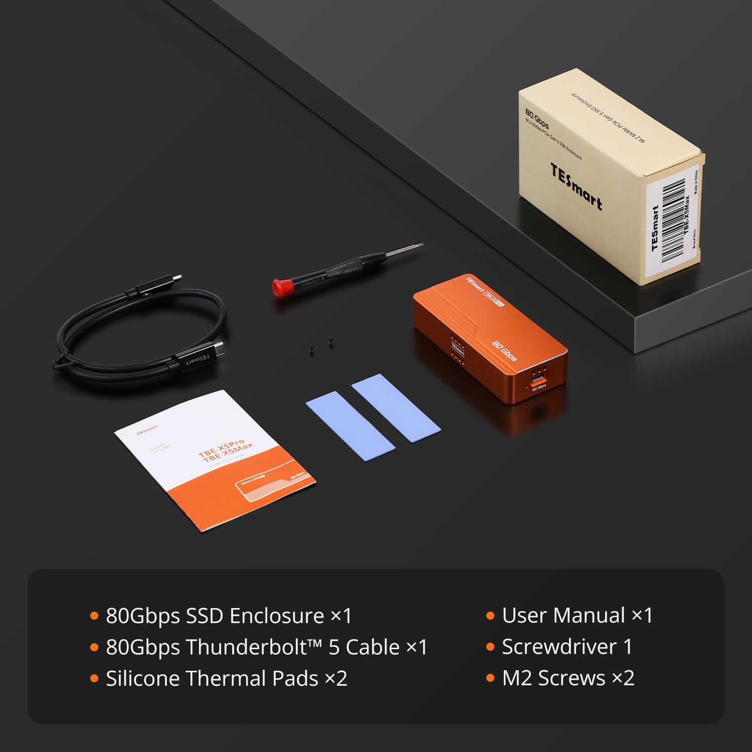 TESmart 80Gbps M.2 NVMe SSD Enclosure with ASM2364 Chip, High-Speed 7000MB/s | Compatible w/Thunderbolt 5/USB4 v2/USB 3.2 gen 2x2 (20Gbps), PCIe 5.0 SSD | Smart Cooling | Aluminium Alloy(TBE-X5Max) - Image 9