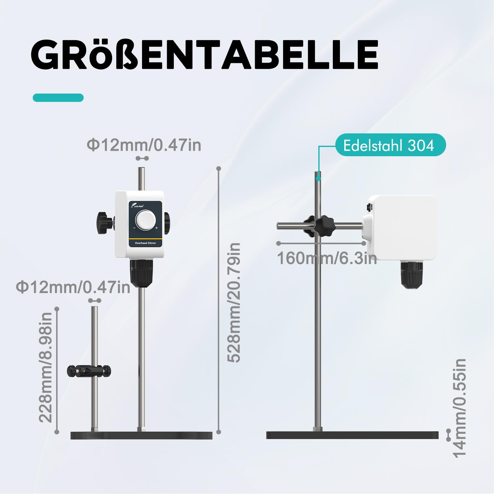 LAB FISH OS-5E Rührwerk Overhead Stirrer, 24W Laborrührer mit Rührblatt & Edelstahl-Ständer, Drehknopf Geschwindigkeit 100-1200 U/min, für max. 10L & 10000 mPas