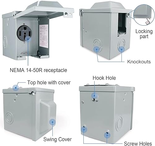 Miniatura 5 de Caja de toma de corriente de 50 amperios, 125250 V, cerrada, resistente a la intemperie, NEMA 14-50R, panel de receptáculo eléctrico para