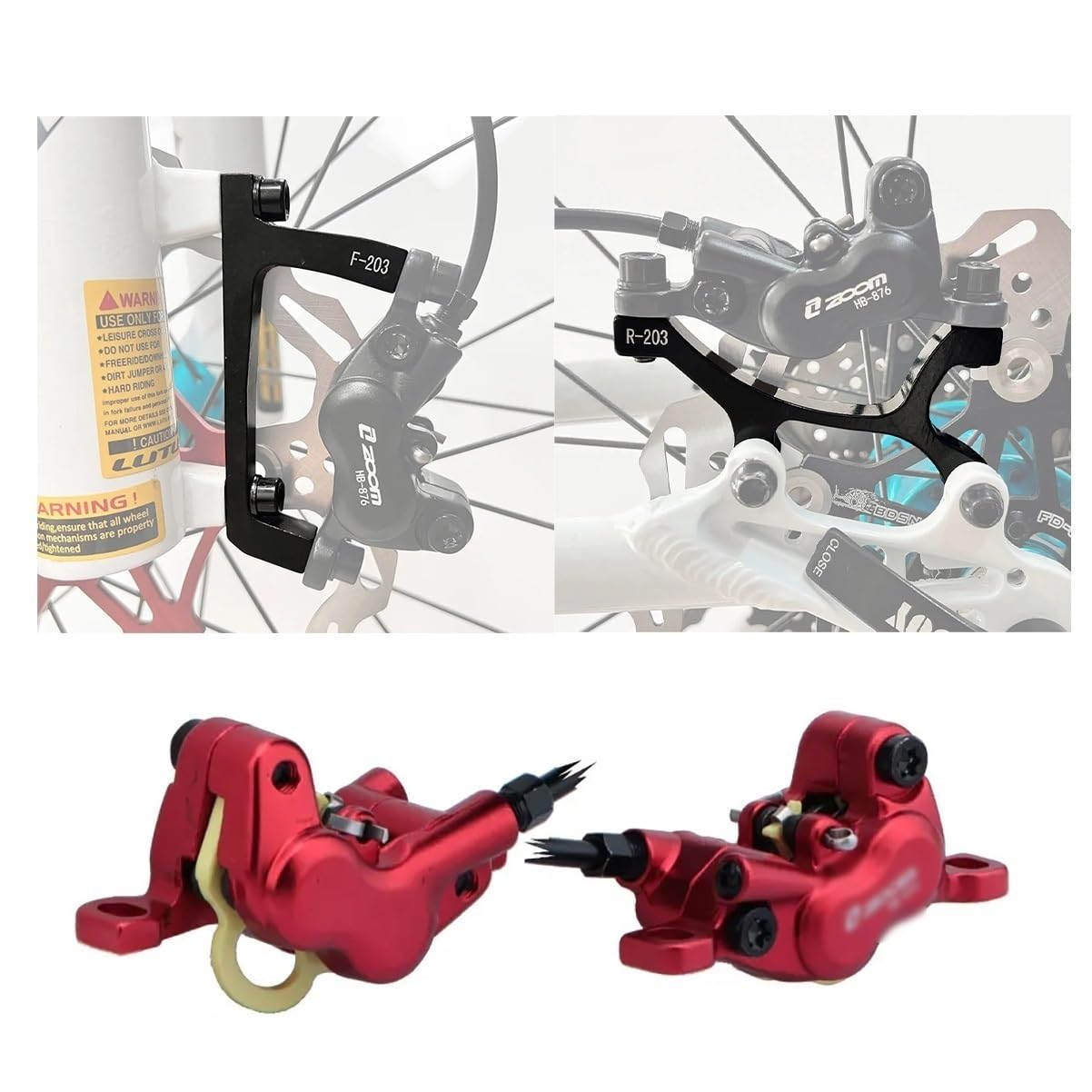 Set Freni A Disco Idraulici per E-Bike A 2 Pin E 4 Pistoncini con Rotori da 203mm Kit Freni per Mountain Bike Include Pastiglie Freno E Adattatore Anteriore/Posteriore 2300mm(Red-203mm)