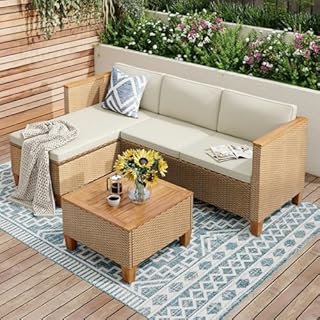 PHI VILLA Rattan Garden Furniture 3 Pieces with Outdoor Coffee Table, L Shaped Patio Wicker Corner Sofa Sectional Furniture Set with Thickened Cushions and Pillows for Balcony Backyard Porch, Beige