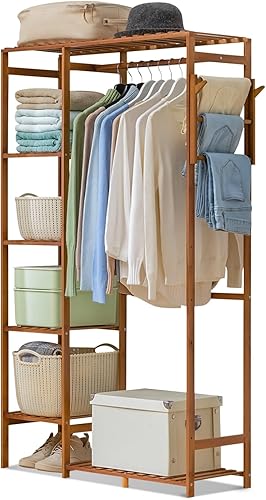 Magshion Perchero de bambú de 6 niveles para guardar ropa, con ganchos laterales, estante de ropa resistente, portátil, organizador de armario para