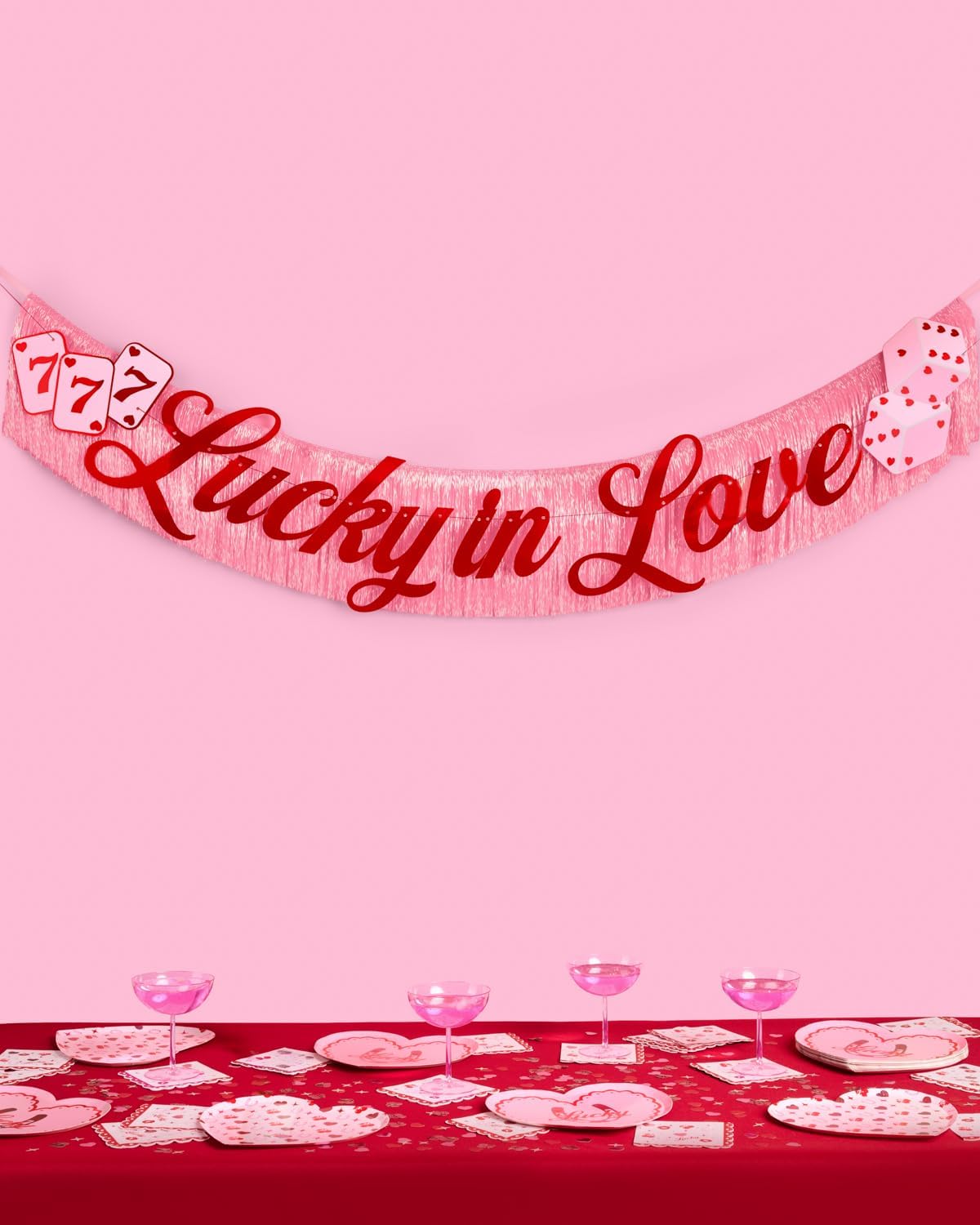 xo, Fetti Lucky in Love Fringe Banner - Red Foil & Pink Iridescent, 5 Ft. | Western Bachelorette Party Decoration, Vegas Sign, Casino Photoshoot Backdrop, Cute Cherry Decor