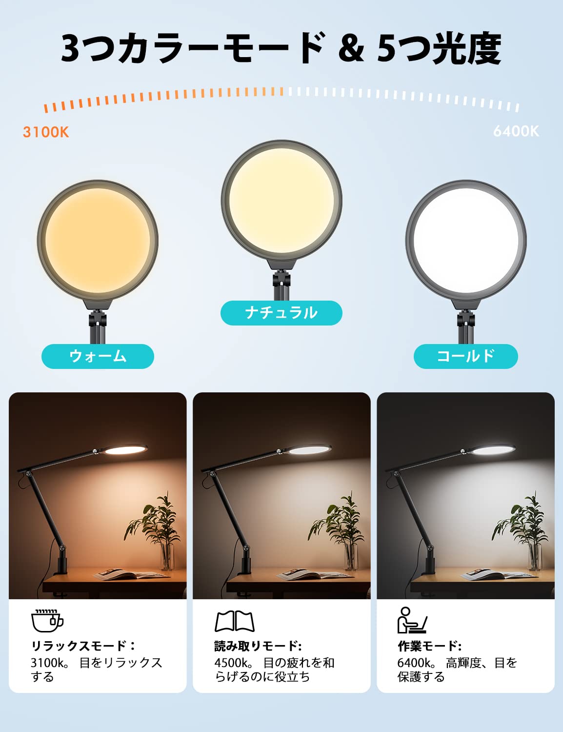 7インチ LEDフィルライト デスクランプ クランプ式 スイングアーム
