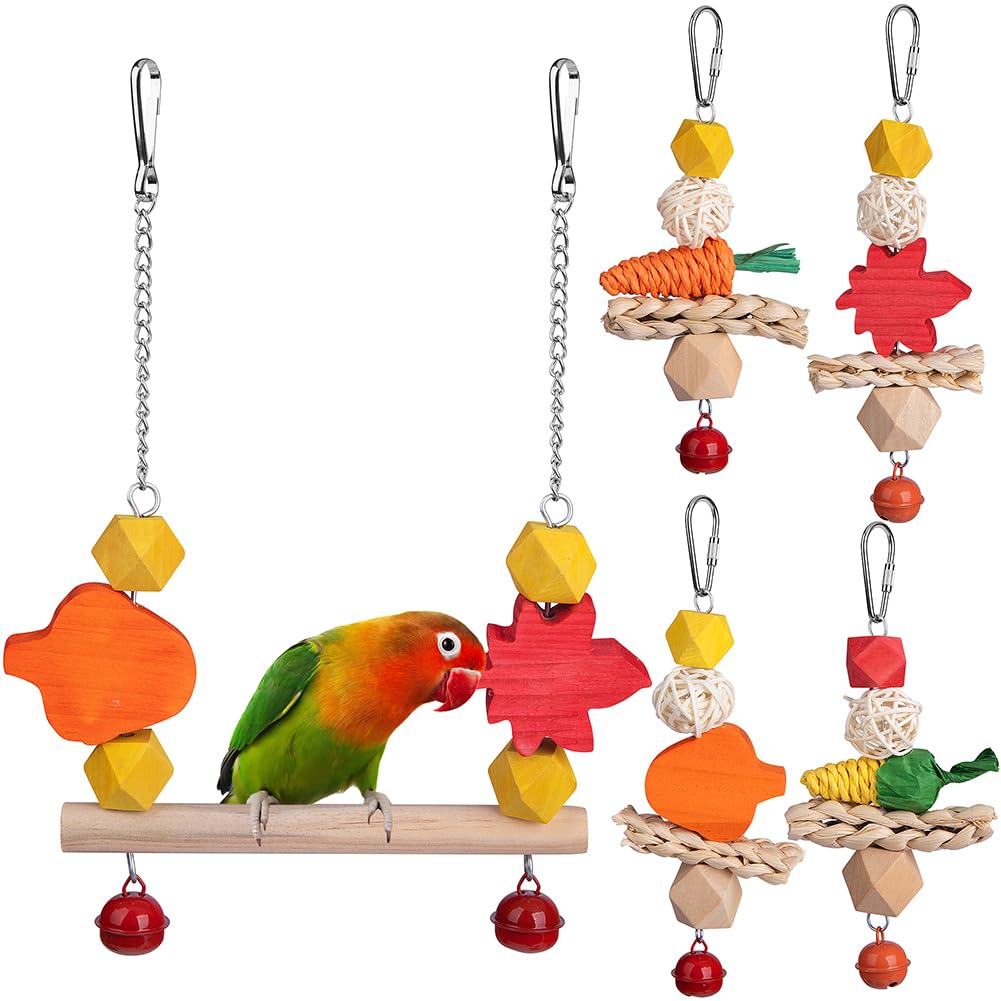 YUEMOOLIX 5Pcs Bird Toys Parrot Chewing Toys Multicolored Natural Wood Blocks with Bells for Small and Medium-Sized Birds Conure Cockatiel Parakeet Lovebird Budgie