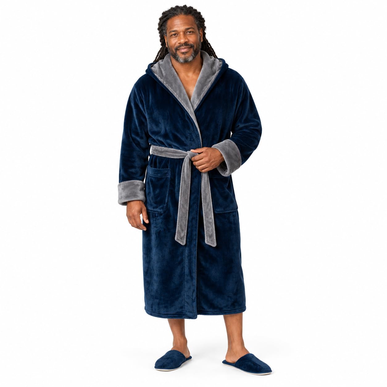 Lotus Linen Personalized Men's Plush Robe - Luxury Hooded Fleece Bathrobe with Custom Embroidery Small Navy-dark Grey