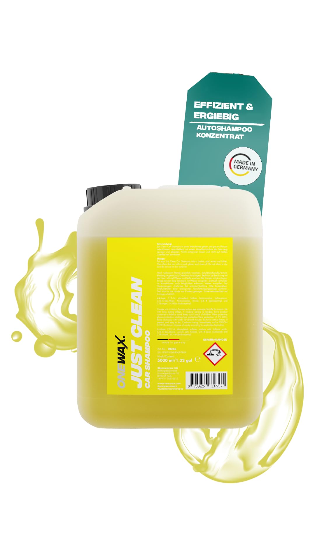 OneWax® Just Clean Car Shampoo 5 Liter Auto Shampoo ph neutral schonend waschen mit hoher Reinigungskraft - hoch konzentriert für bis zu 3000L Waschwasser (1 STK) (5 Liter Kanister)