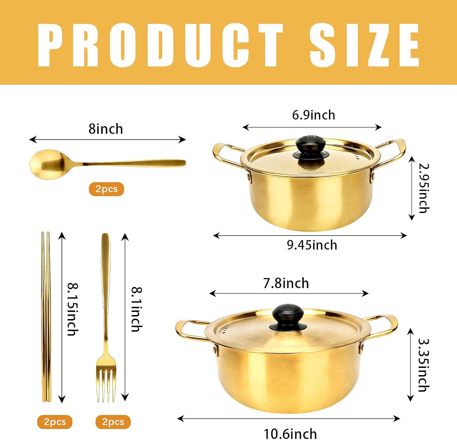 2-Pack Stainless Steel Korean Ramen Pot 7" & 7.8" with Lid Utensils image 2