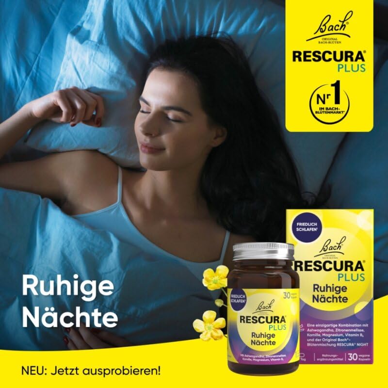 Bachblüten Original Bach RESCURA PLUS Ruhige Nächte 30 vegane Kapseln | Bachblütenmischung mit Ashwagandha und B-Vitaminen für ruhige Nächte | Friedlich schlafen | ehemals Rescue
