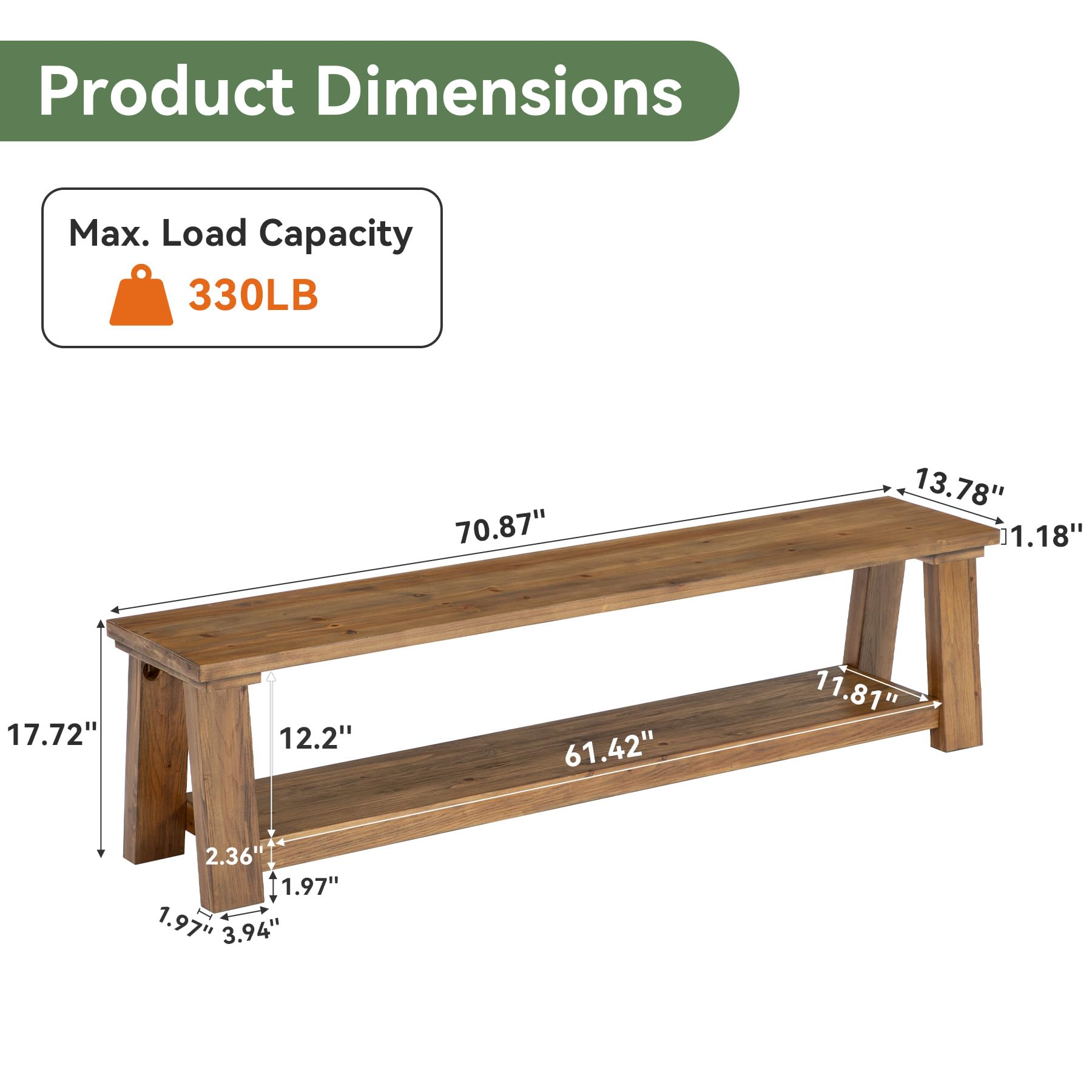70.87" Long Solid Wood Dining Bench | Farmhouse Kitchen Bench with Storage Shelf for Dining Room, Kitchen, Entryway, Bedroom, Easy to Assemble