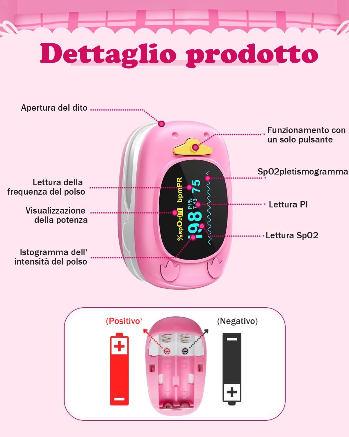 HealthTree Monitor della saturazione dell'ossigeno nel sangue da dito, pulsossimetro pediatrico con schermo OLED,2 batterie AAA incluse, adatto per neonati e bambini di età compresa tra 2,5 e 15 anni