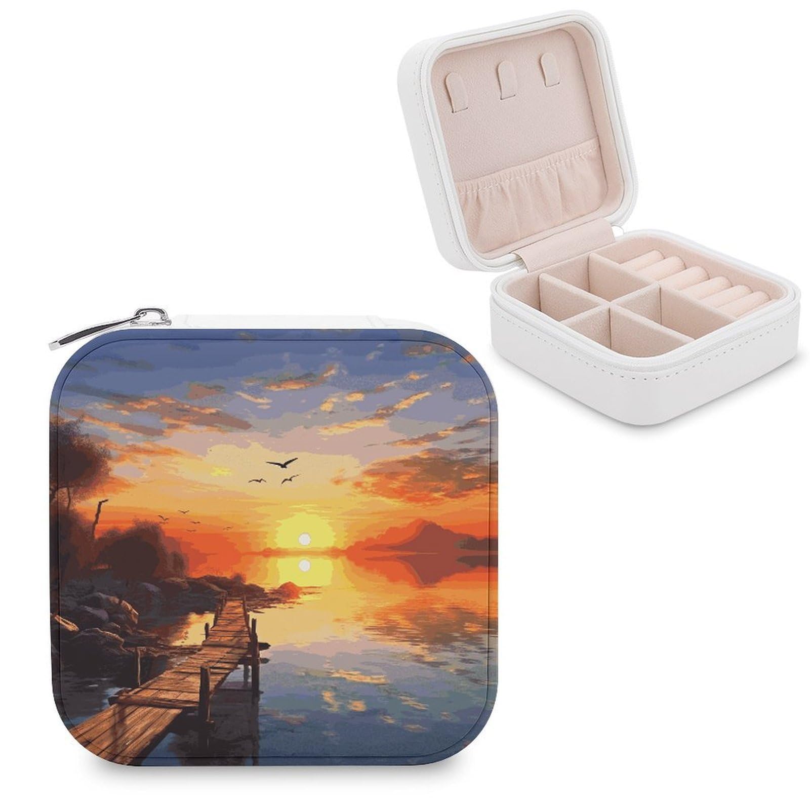 JTREHY Sunset Scenery Jewelry Box Personalized PU Jewelry Box Exquisite Jewelrys Organizer Case Small Portable Jewellery Storage Holder for Rings Earrings Necklaces Gifts