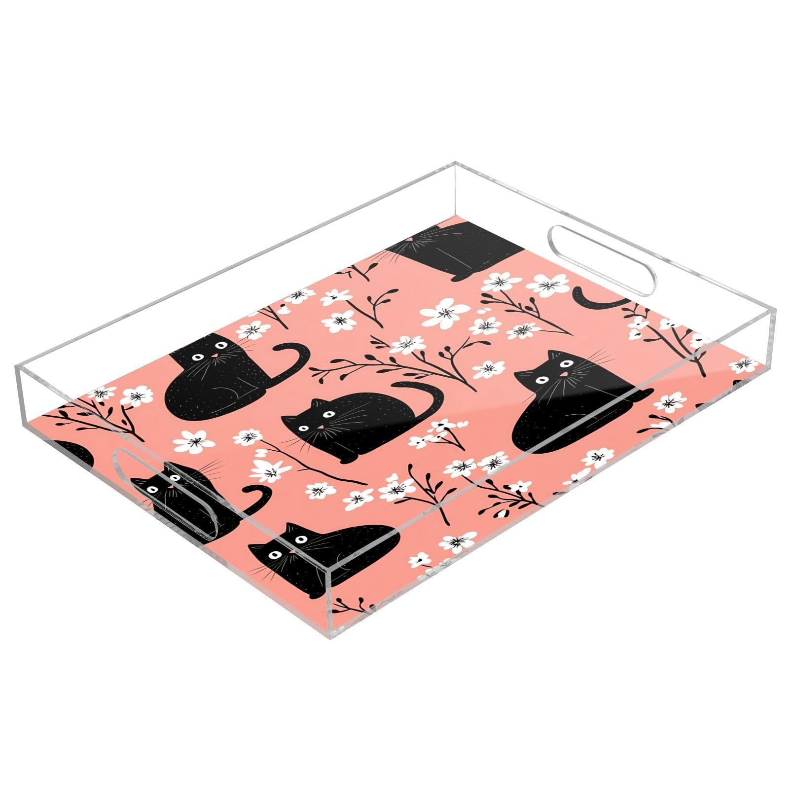 BOESI Doodle Black Cat and Flower Acrylic Decorative Dining Tray, Acrylic Decorative Tray Organizer with Handle for Kitchen, Dining Room, Bathroom, Dresser