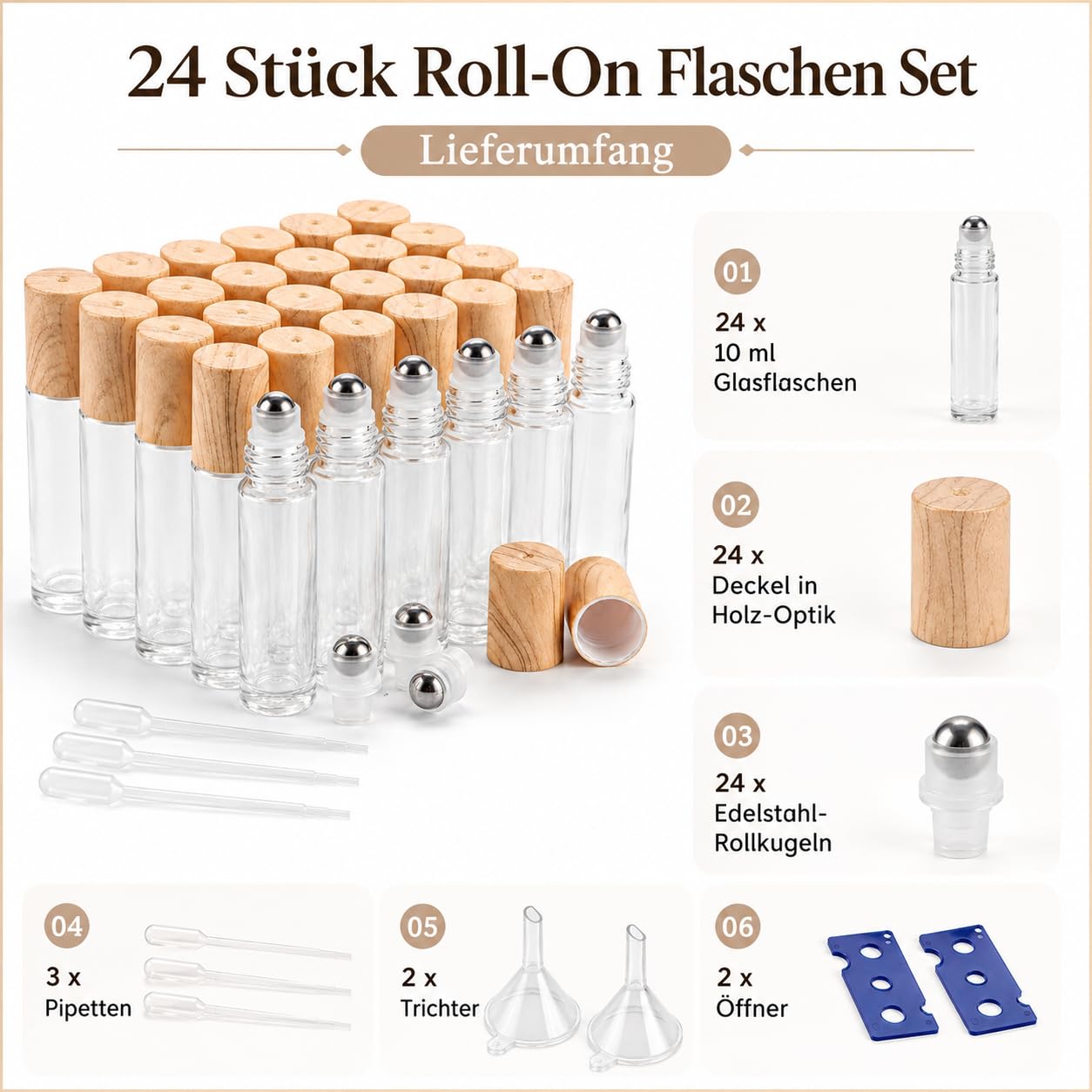 CYEER 24 Pezzi Flaconi Roll-On Vuoti 10ml, Flaconi di Vetro Trasparente per Oli Essenziali, Spa, Massaggio, Aromaterapia