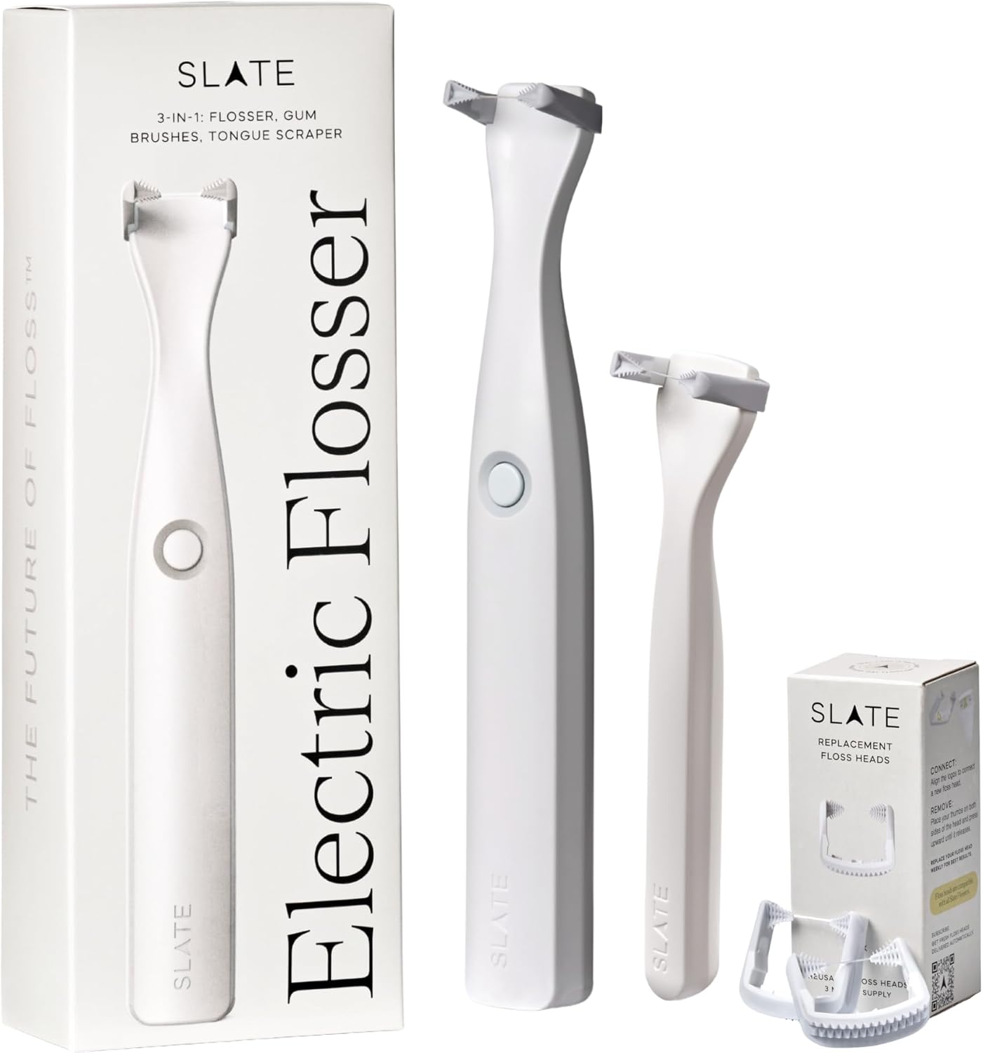 Slate Origin Electric Flosser | Dentist-Invented 3-in-1 Battery-Powered Flosser with Reusable Floss Heads, Gum Brushes & Tongue Scraper, 12,000 Sonic Vibrations, PFAS/PTFE-Free | (White Bundle)