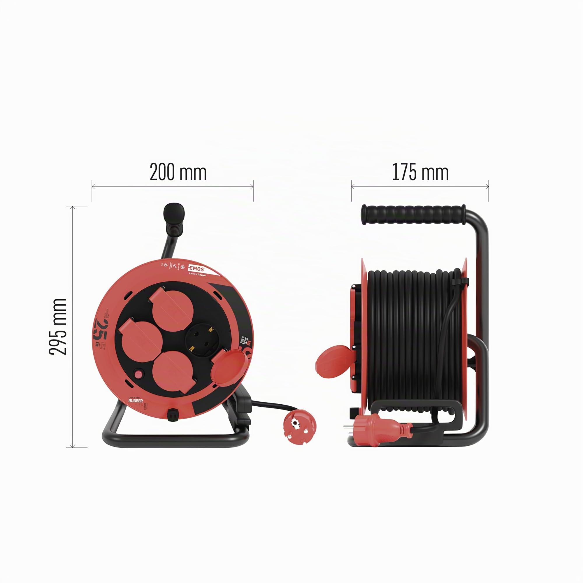 EMOS - Avvolgicavo 25 m - 4 prese Schuko con maggiore protezione contro il contatto - impermeabile e resistente al freddo, resistente agli urti - 230 V, 10 A, 2300 W - Isolamento in gomma - H05RR-F3G