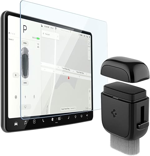 Spigen EZ Grip Slide & Brush Limpiador de pantalla diseñado para Tesla Cleaner y paquete de todas las pantallas con protector de pantalla de vidrio