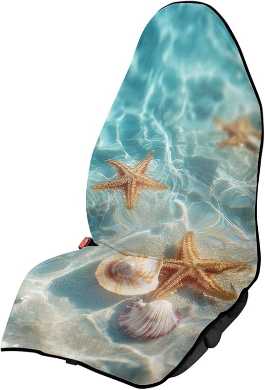 Capa para Banco Dianteiro Baxinh Estampa Conchas e Estrelas-do-mar Impermeável de Poliéster Azul e Marrom 141 x 57 cm