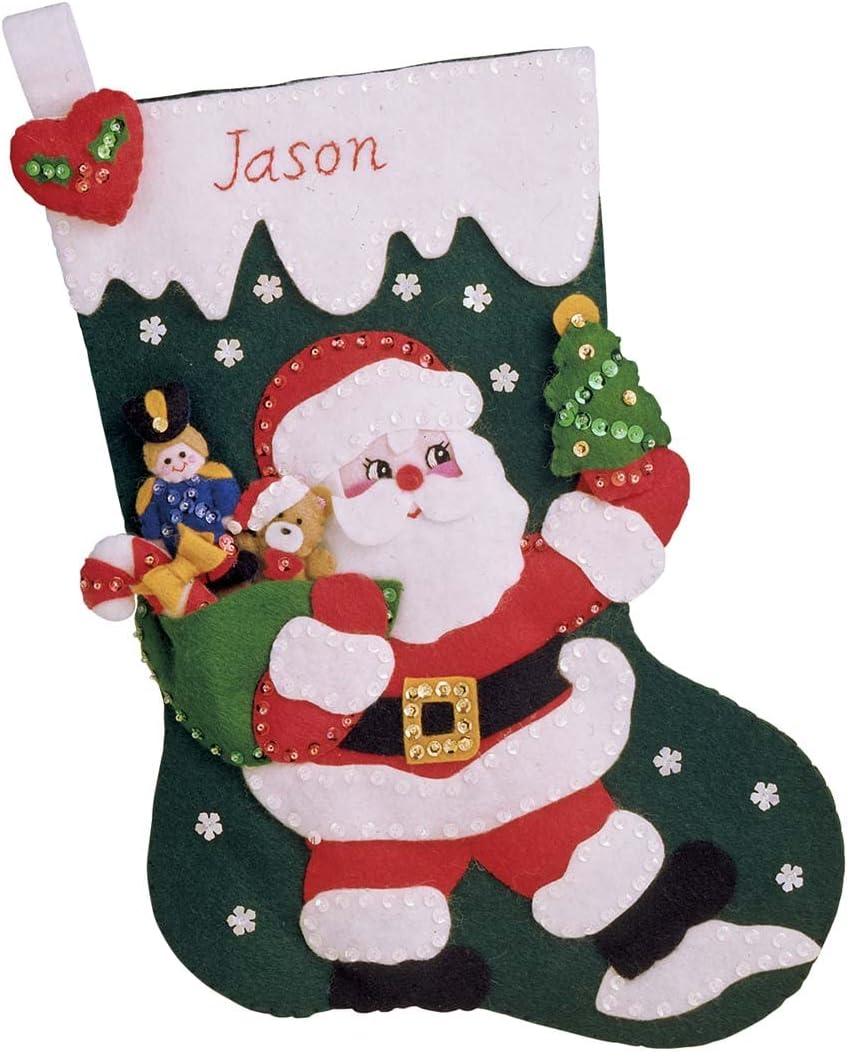 16-Inch Christmas Stocking Felt Applique Kit with Iron Transfer by Design Works Crafts 5014 Santa Toys