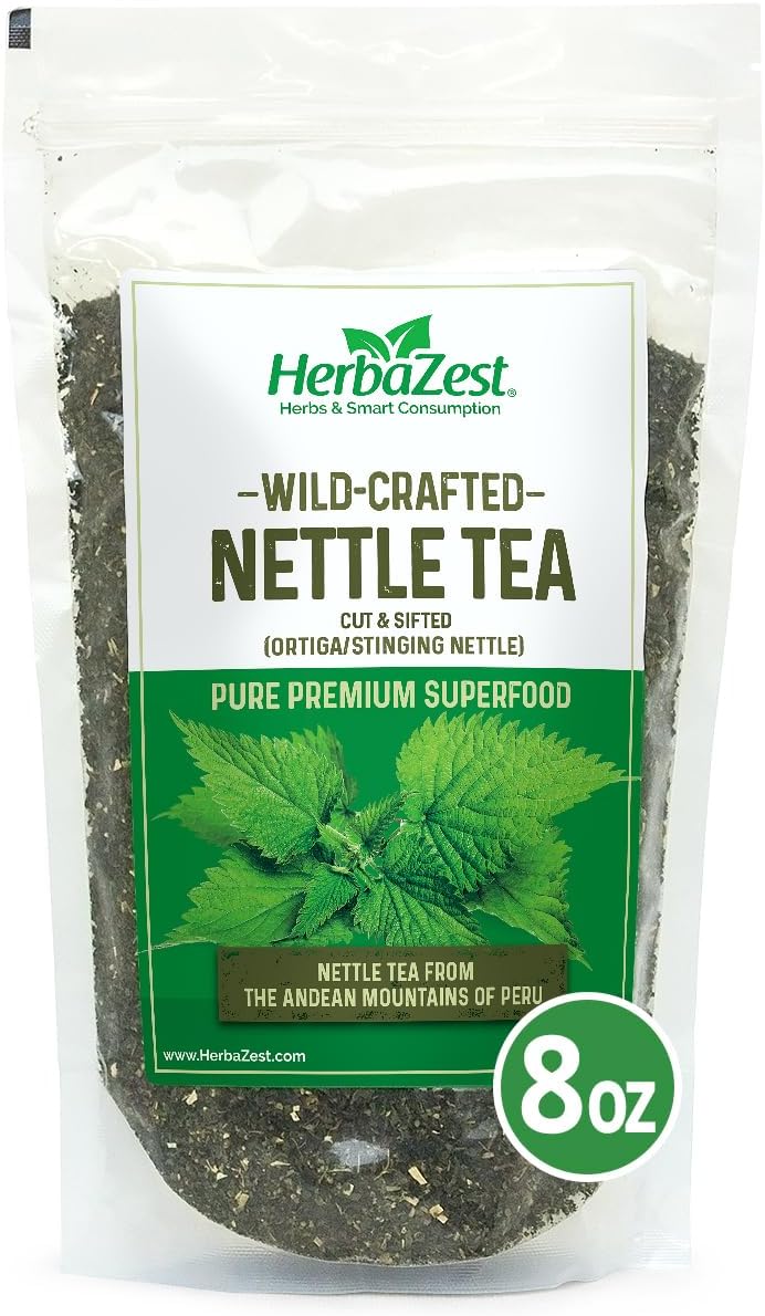 HerbaZest Nettle Leaf Tea (Ortiga/Stinging Nettle) - 8oz (225g) - Premium Wild-Crafted & 100% Pure Leaves, Roots & Stems - Naturally Caffeine Free