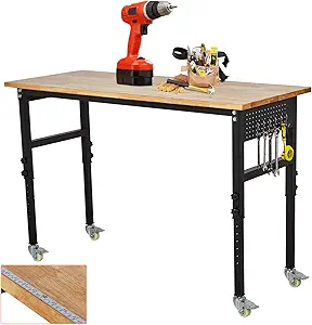 60'' Adjustable Workbench with Power Outlet & Scale,29"-40" Height Adjustment Rolling Mobile Workbench,2000 Lbs Load Capacity Rubber Wood Workstation,Heavy Duty Work Table,for Garage,Workshop