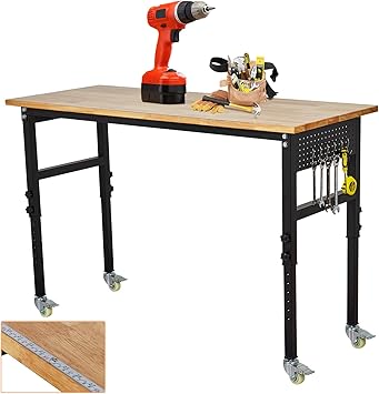 60'' Adjustable Workbench with Power Outlet & Scale,29"-40" Height Adjustment Rolling Mobile Workbench,2000 Lbs Load Capacity Rubber Wood Workstation,Heavy Duty Work Table,for Garage,Workshop