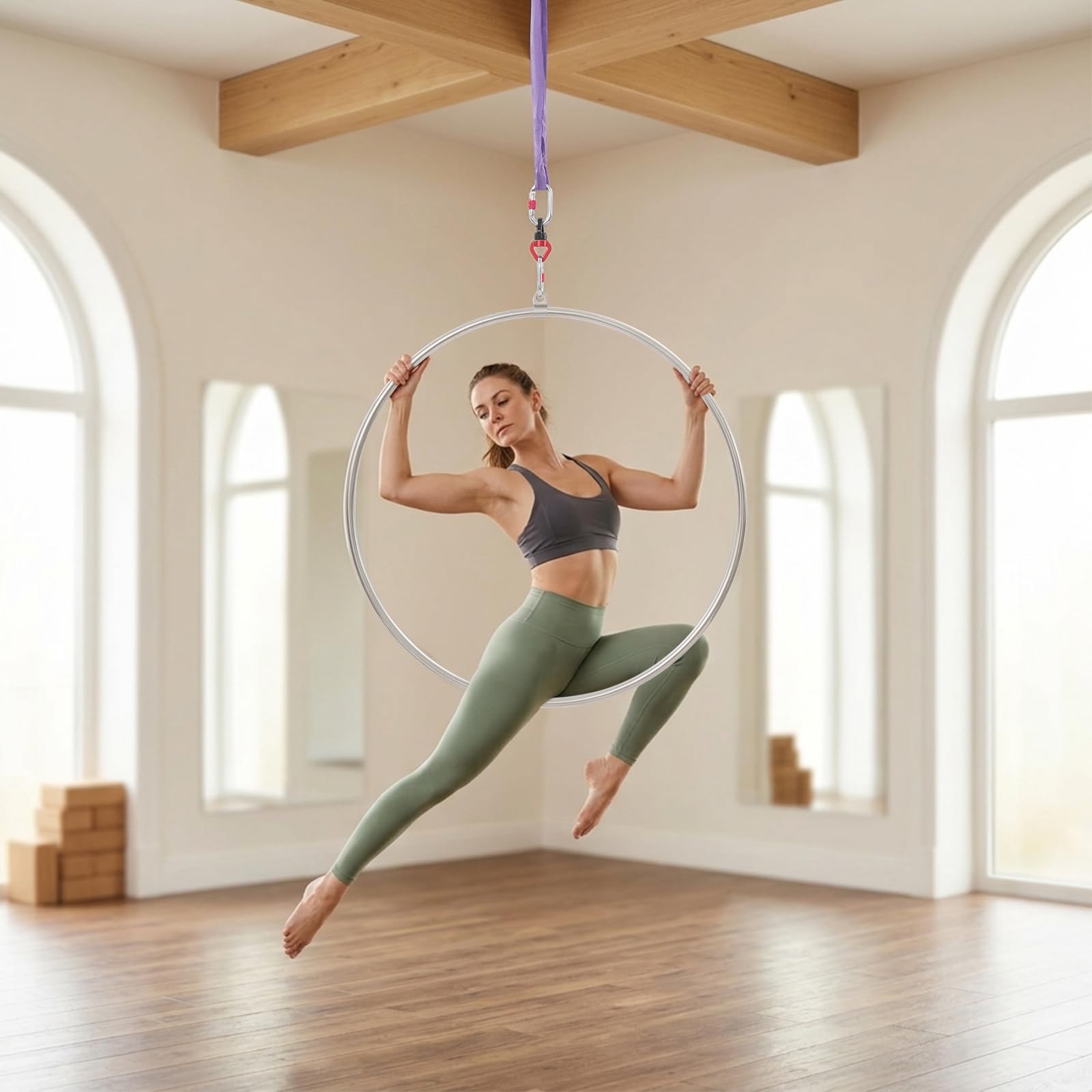 Aerial Hoop 95 cm aus Edelstahl, Einzelpunkt-Luftreifen mit 360° drehbarem Verbinder und Rundschlinge, für Yoga, Akrobatik & Zirkus, Silber+Lila