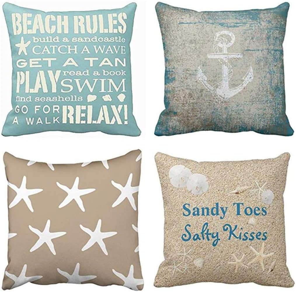 Emvency Set of 4 Throw Pillow Covers Beach Starfish Words Rules Holiday Summer Nautical Anchor Distressed Taupe Decorative Pillow Cases Home Decor Square 22x22 Inches Pillowcases