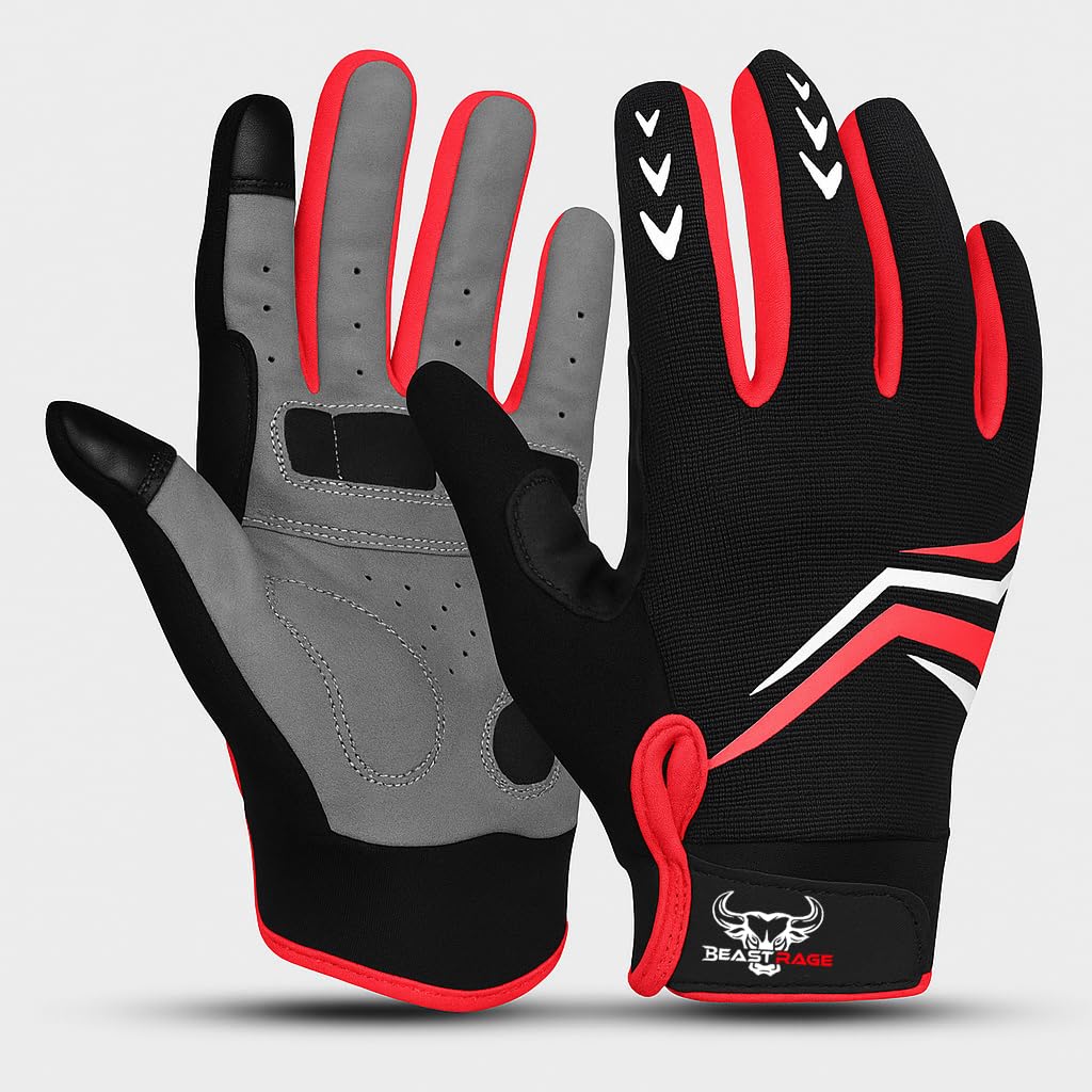 BEAST RAGE Full Finger Cycling Gloves with Padding for Men Women, Anti-Slip, Shock Absorbing, Breathable, Touchscreen Mountain Bike Gloves for BMX, MTB Riding, Road Racing, Bicycle