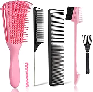 EZ Detangler Brush with Edge Brush, Rat Tail Combs Set for Natural, Curly, Wet/Dry, Black Hair, Flex Detangling Brush set for Hair Style and Cuting, No Pain and Easy Clean in Daily Use（Pink + Black)