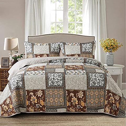 NEWLAKE Cotton Bedspread Quilt Sets-Reversible Patchwork Coverlet Set, Chic Floral Paisley Pattern, King Size Cover