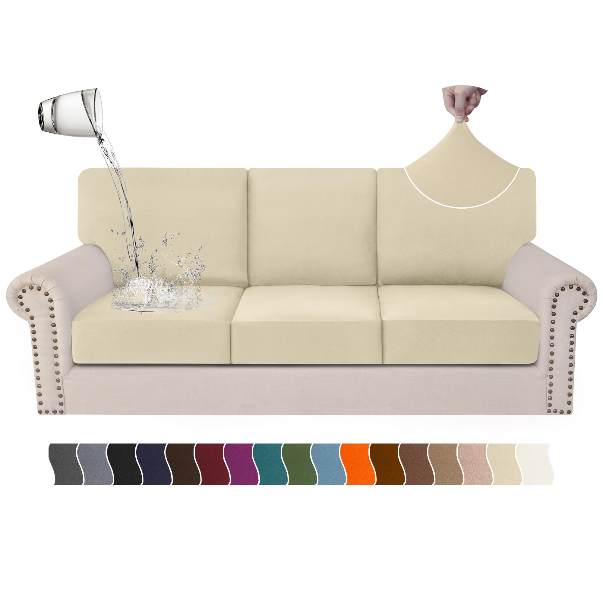 Arfntevss 100% Waterproof Sofa Slipcovers for 3 Seat Cushion Couch Super Stretch Fitted Couch Cushion Covers Furniture Protector for Pets Dogs Cats Kids (3 Seat Covers 3 Back Cushion Covers, Beige)