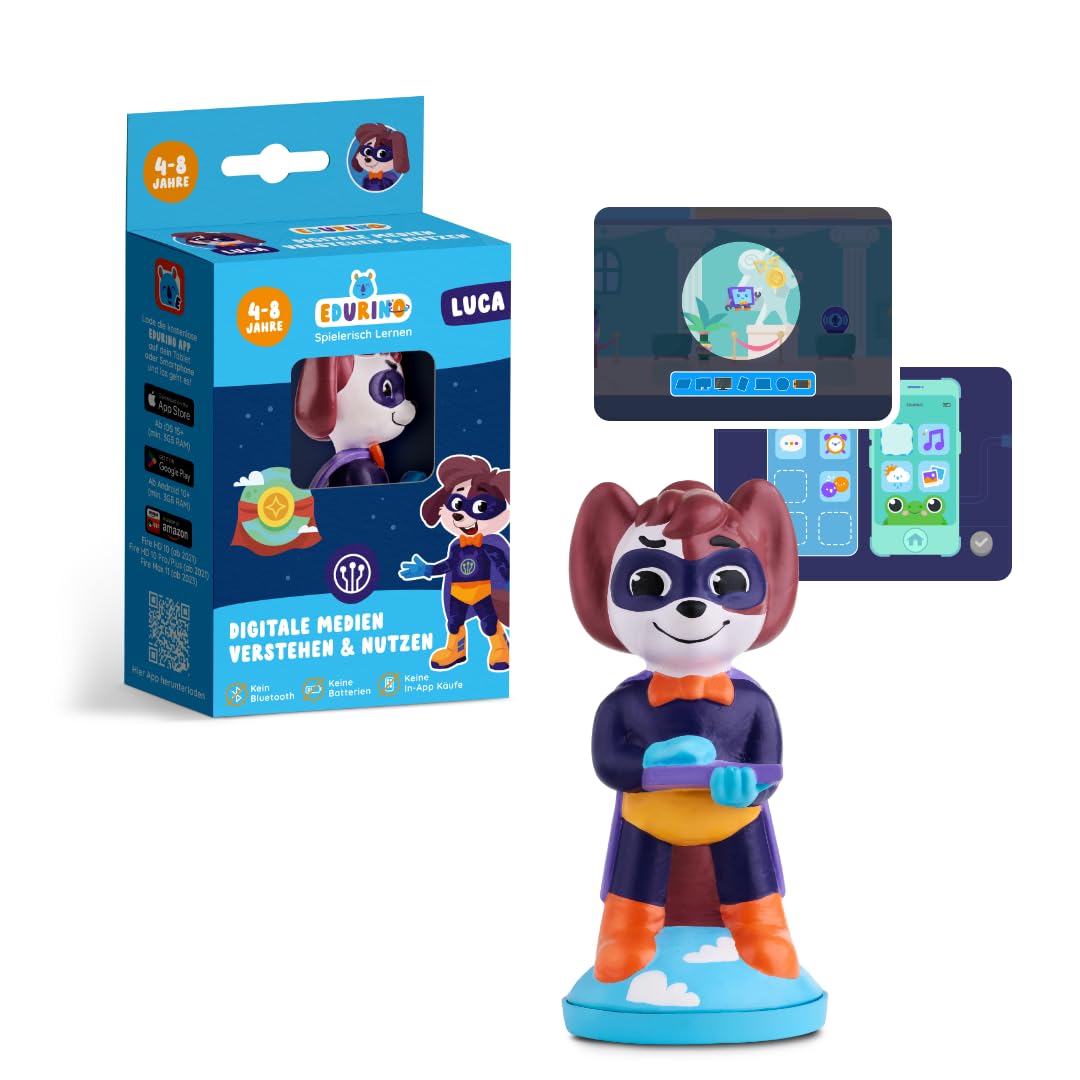 Edurino Figur Luca Digitale Medien Nutzen & Verstehen ab 4 Jahren inkl. App | Innovatives & digitales Lernspiel | Sicherer Umgang mit digitalen Medien | Digitale Geräte kennenlernen