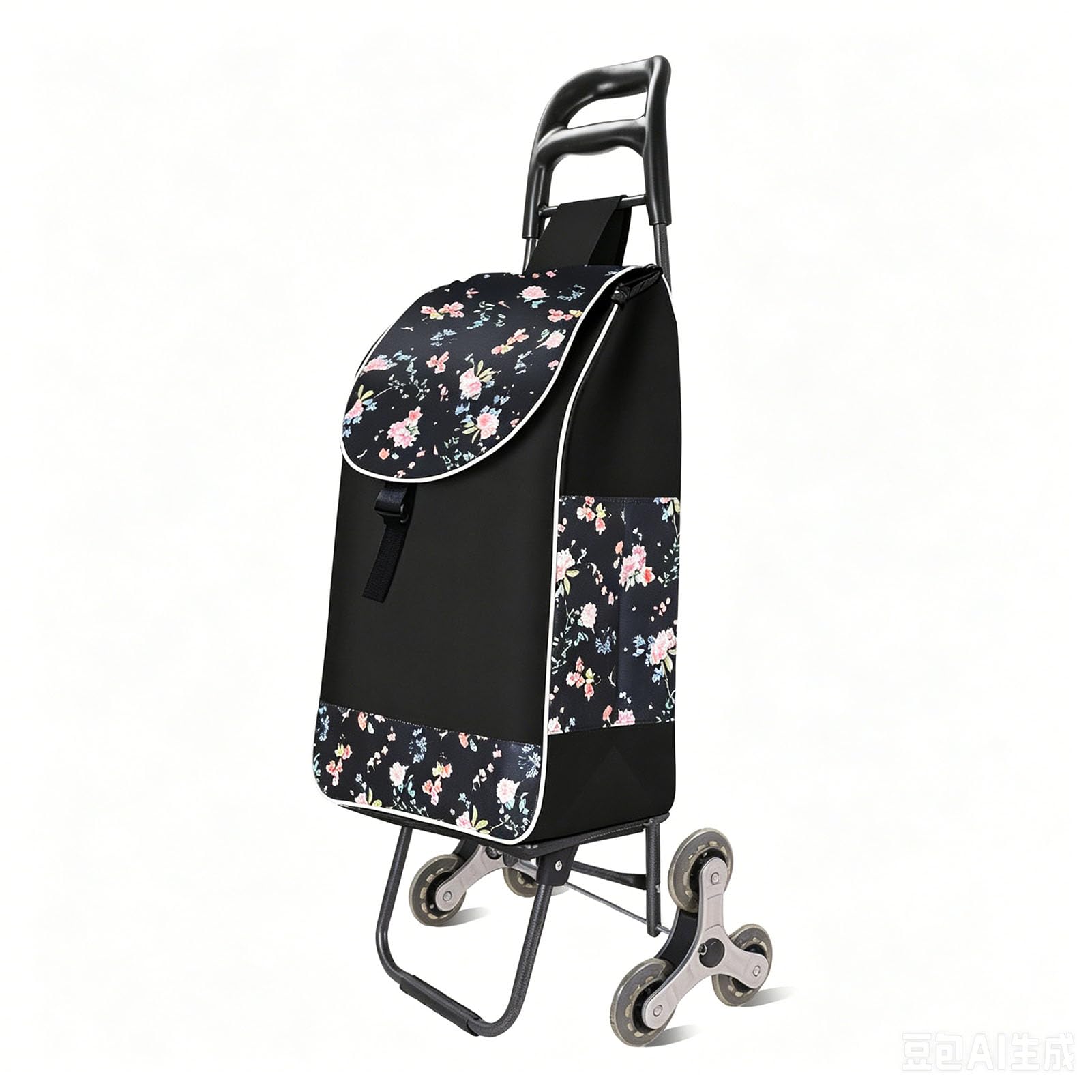 JYHCD Foldable Shopping Cart, Trolley Shopping Groceries Heavy-Duty Truck with Tri-Wheels, Easy To Climb Stairs, with Detachable Bag, Grocery Bag for Easy Storage,Black