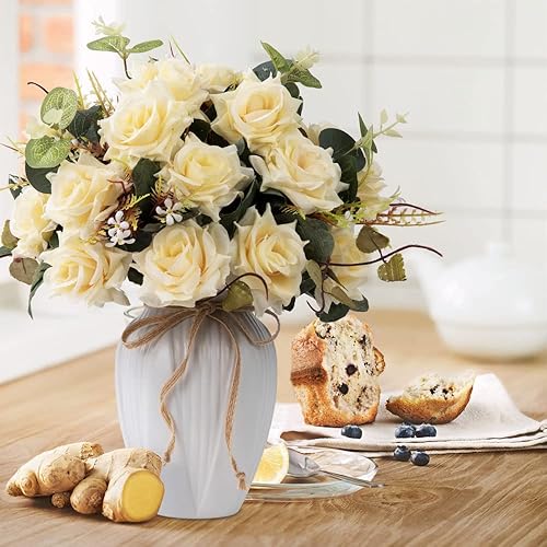 Miniatura 2 de LESING Ramos de rosas artificiales con jarrón de seda sintética en jarrón, arreglo de centro de mesa para decoración del hogar y boda (rojo)