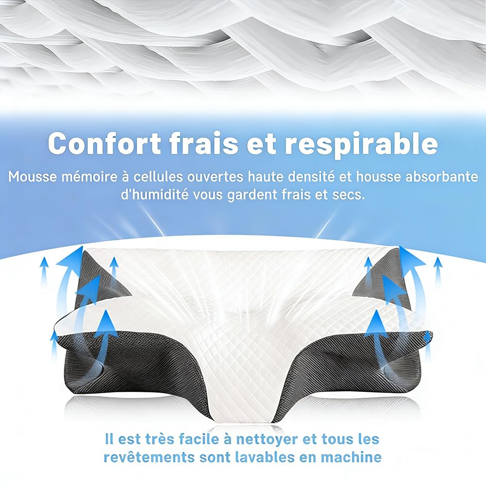 Oreiller Ergo Apnée Du Sommeil, Oreiller Ergonomique Cervical Mémoire De Forme, Oreillers Anti Ronflement Et Apnée Positionnelle, Cousin Ergonomique Nuit Pour Dormeurs Côté, Dos, Ventre (Gris)
