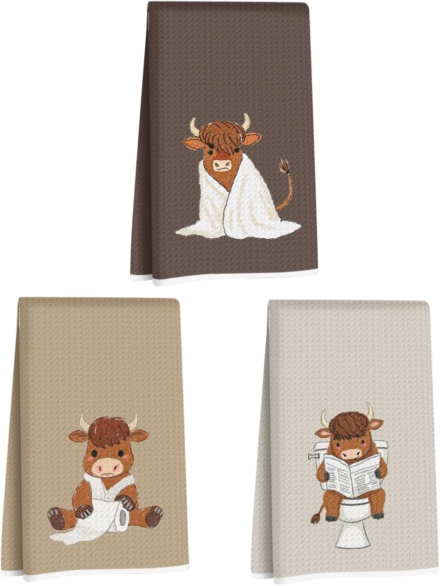 3 Pcs Funny Highland Cow Hand Towel for Bathroom, Cow Farmhouse Decorative Bath Towels for Bathroom Kitchen Decor Country Farm Highland Holiday Housewarming Gifts
