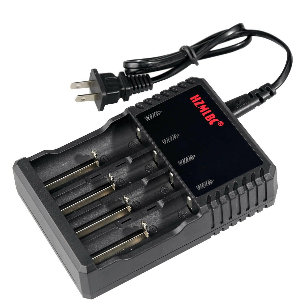 Angled view of the Bestom 4-Slot Universal Lithium Battery Charger with its power cord, showing the four empty charging slots.