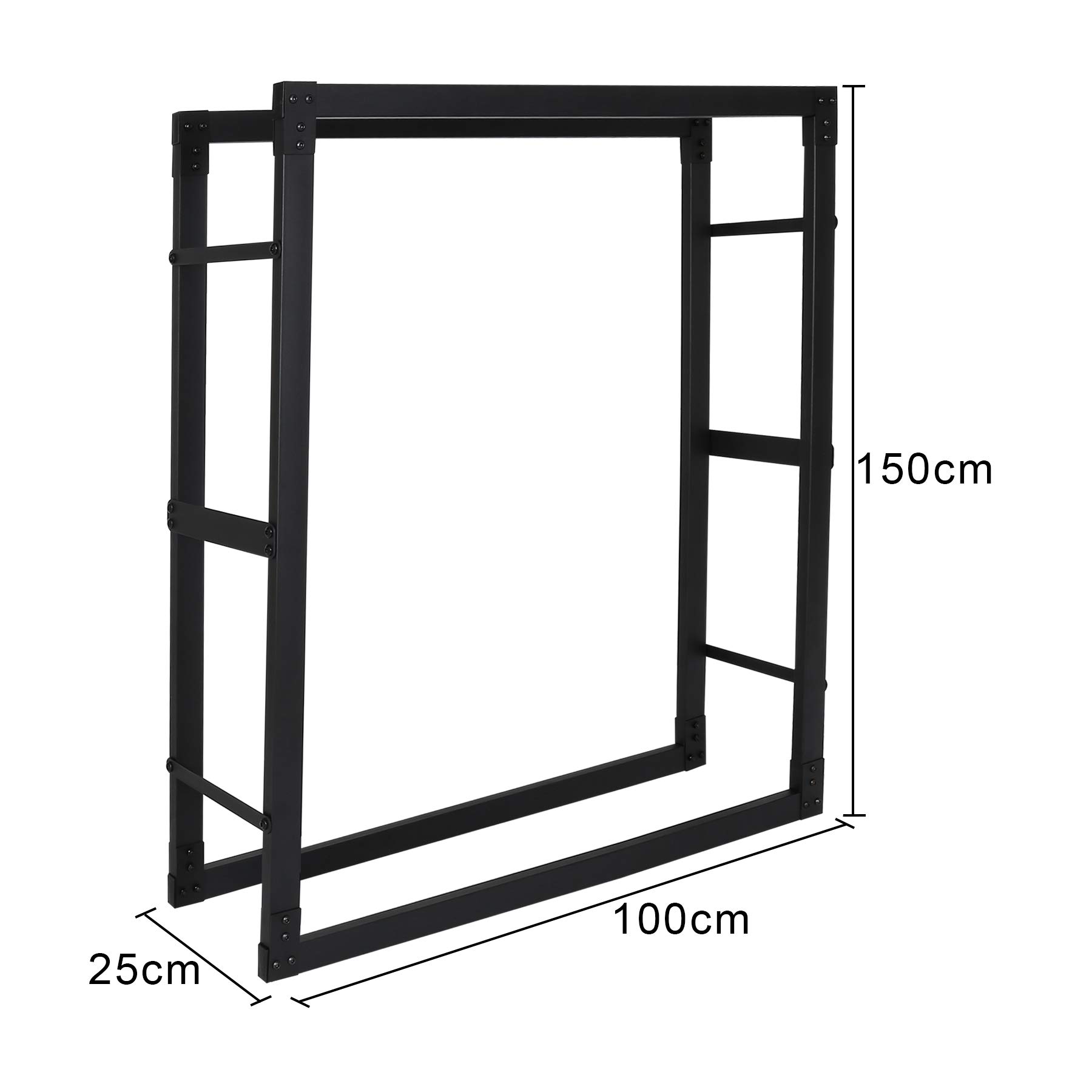 Regał na drewno kominkowe wewnątrz ze stali, 100 x 25 x 150 cm, metalowy regał na drewno opałowe, do użytku na zewnątrz, stojak na drewno opałowe, do kominka i pieca, czarny