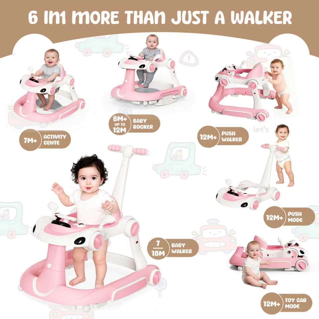 6 in 1 Foldable Baby Walker, Activity Baby Walker-Baby Bouncer, Rocker, Activity Center,Push Walker,Detachable Trampoline Mat, Adjustable Speed Rear Wheels and Height,Music & Lights,Ages 6-18 Months - Image 3