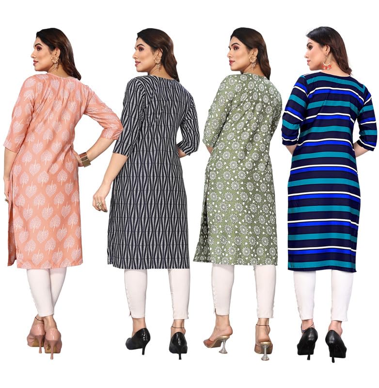 Image of JAKHANA Women's Crepe Printed Casual Straight Calf Length Round Nick Kurta Pack of 4