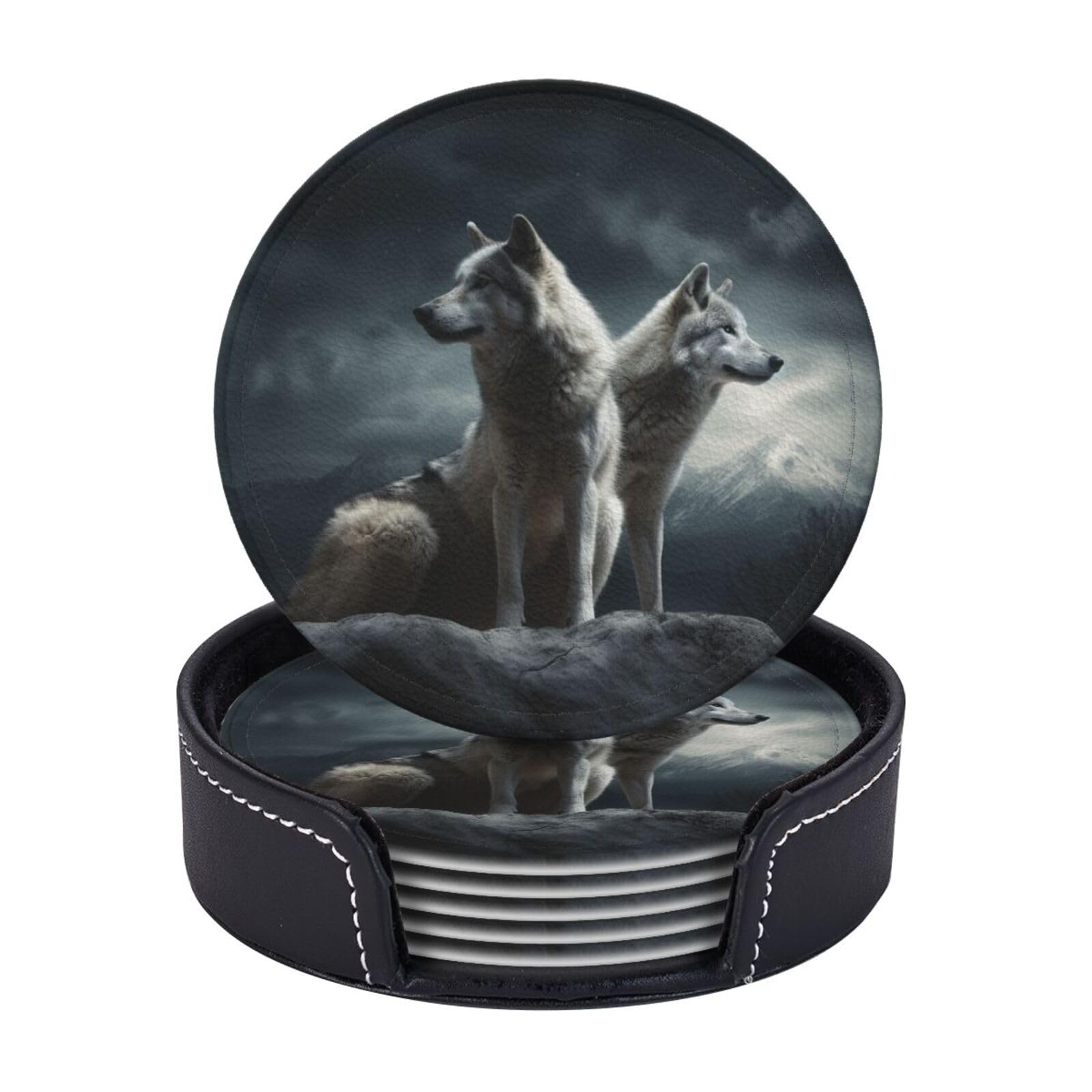 6Pcs PU Leather Coaster for Drinks, Wolf at Night Cup Coasters with Holder, Aesthetic Drink Coasters for Coffee Table, Round Coaster for Tabletop Protection 4" Cup Mat Pad