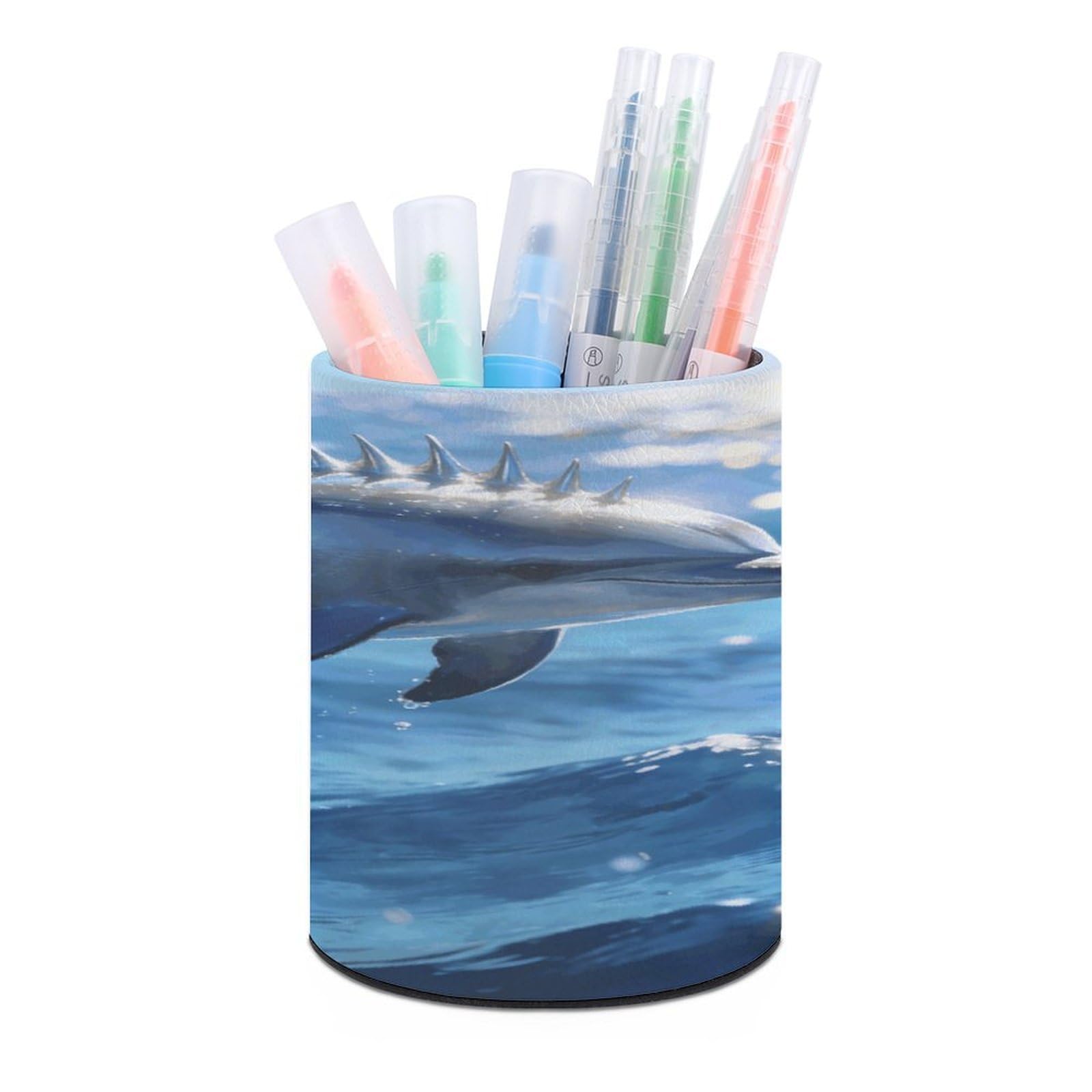 LZQPOEAS Marine Art Spiny Dolphin Pen Holder for Desktop Organizer Storage Case Modern Minimalist Pen Cup Round Pencil Holder PU Leather Pencil Cup Multi-Functional Office Supplies for Home