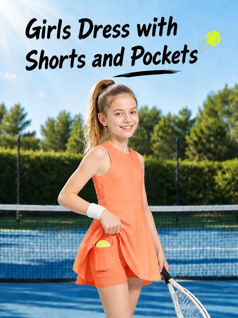 Vestido de tenis y golf para niñas y niñas, vestido sin mangas con pantalones cortos, bolsillos, conjuntos deportivos deportivos de 2 piezas