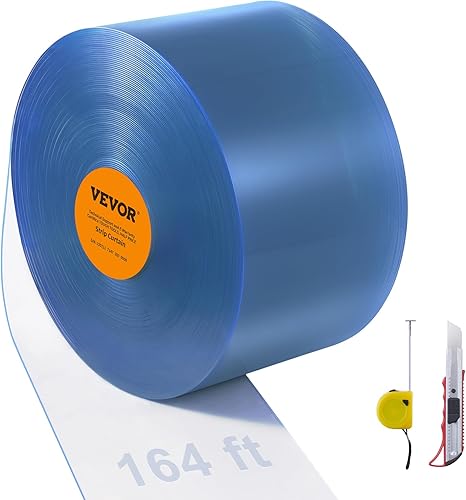 VEVOR Cortina de tiras, 164 pies de largo x 8 pulgadas de ancho x 0.08 pulgadas de grosor, rollo de tira de cortina lisa de PVC transparente para