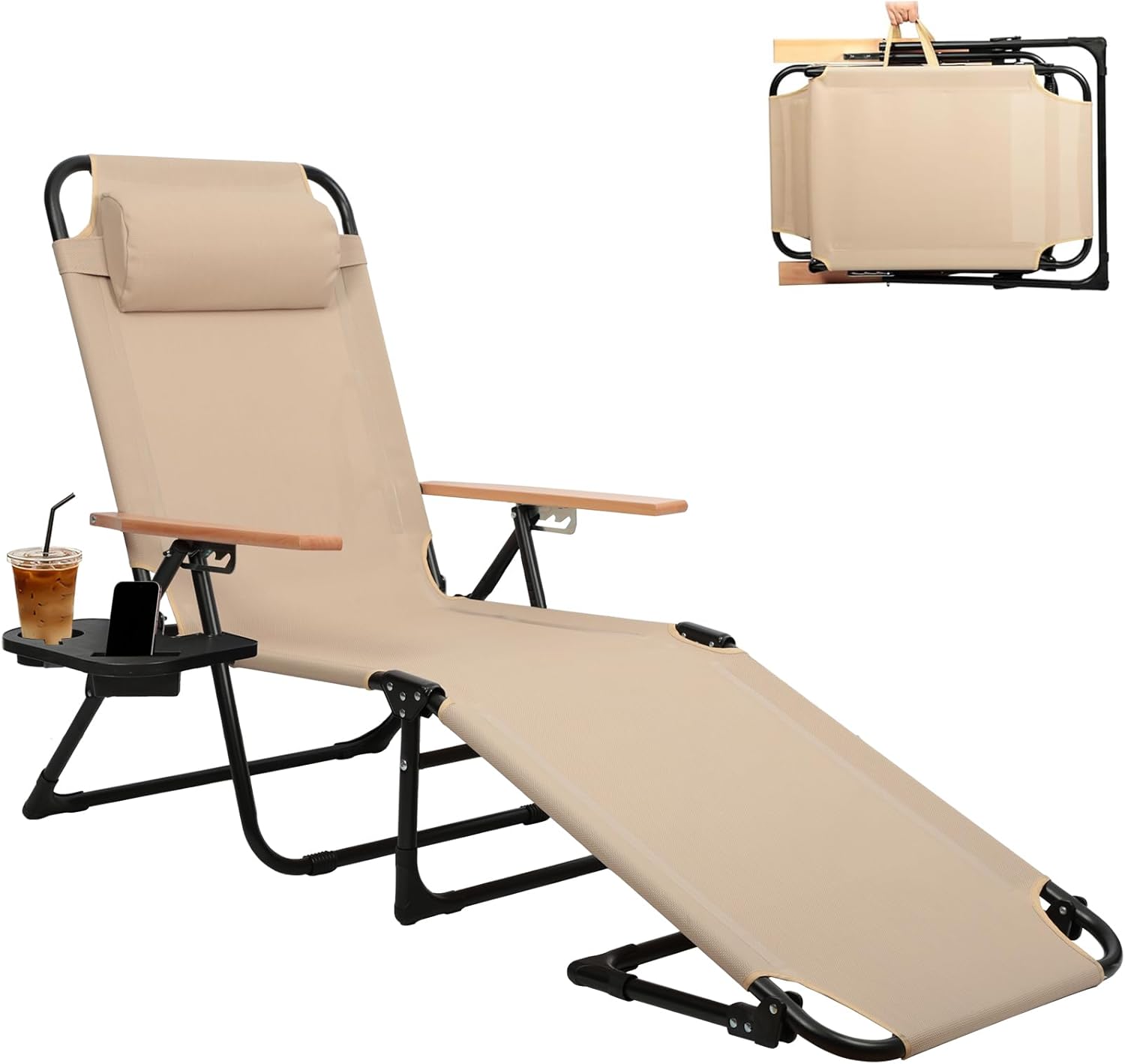 Folding Lounge Chairs for Outside, Beach Patio Lounge Chair, Sunbathing/Tanning Chair with 4 Adjustable Backrest & Cup & Pillow,Holds 330 Lb, Outdoor Garden Pool (Beige)