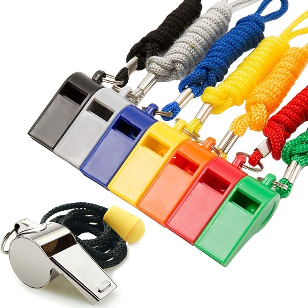 Hipat Sifflet avec Cordon, 8 Packs de sifflets de Sport en Vrac, 7 sifflets en Plastique et 1 sifflet en Acier Inoxydable, siffl