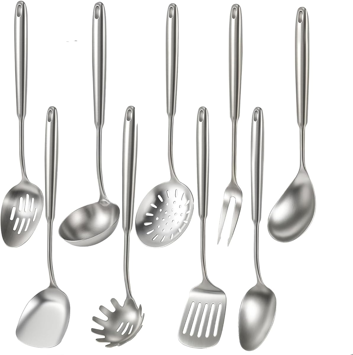 Newness 9 Pcs Cooking Utensils Set, 304 Stainless Steel Kitchen Utensils Set, Metal Kitchen Accessories, Include Soup Ladle, Slotted Skimmer Spoon, Spaghetti Spoon and Spatula, Dishwasher Safe